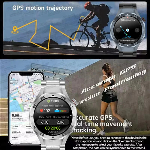 Silver smartwatch with black screen and metal link band, showing GPS and activity icons.