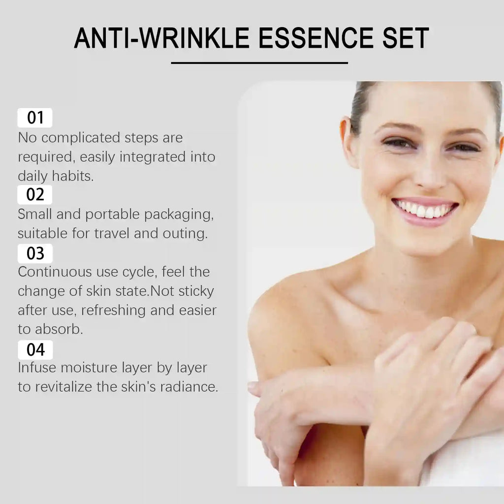 A woman smiling, with text listing four benefits of an anti-wrinkle essence set on a light grey background.