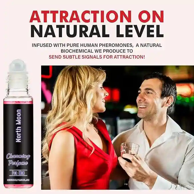 North Moon Men’s Pheromone Perfume in a clear roll-on glass bottle. Long-lasting scent to enhance male charm.