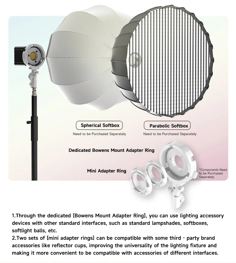 White spherical and parabolic softboxes with Bowens and mini adapter rings for mounting professional lighting fixtures.
