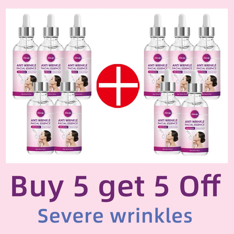 Ten glass bottles of anti-wrinkle facial essence with pink labels and dropper caps, arranged around a red plus sign.