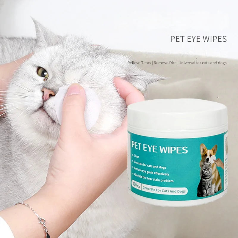 Gentle pet eye wipes for cats and dogs in a 100pc tub to effectively remove tear stains, gunk, and dirt during grooming.