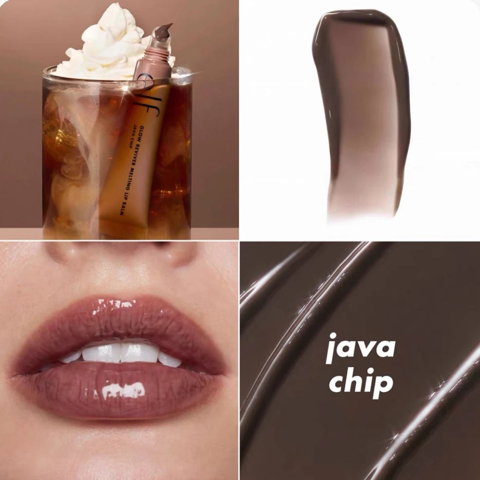 e.l.f. Glow Reviver Melting Lip Balm in Java Chip. Moisturizing brown glossy lip balm with a smooth, shiny finish.