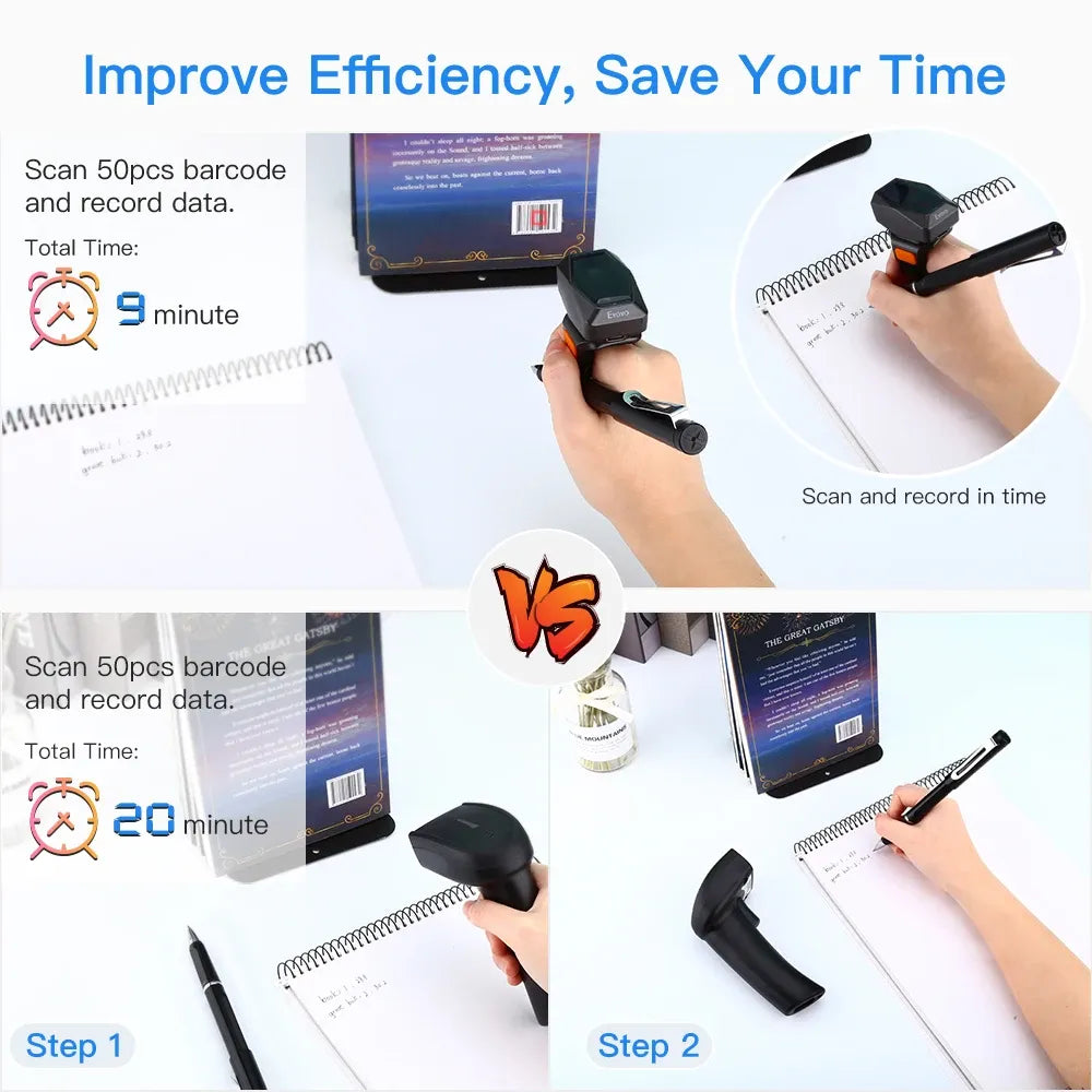 Black 2D wearable ring barcode scanner, scanning and recording barcodes
