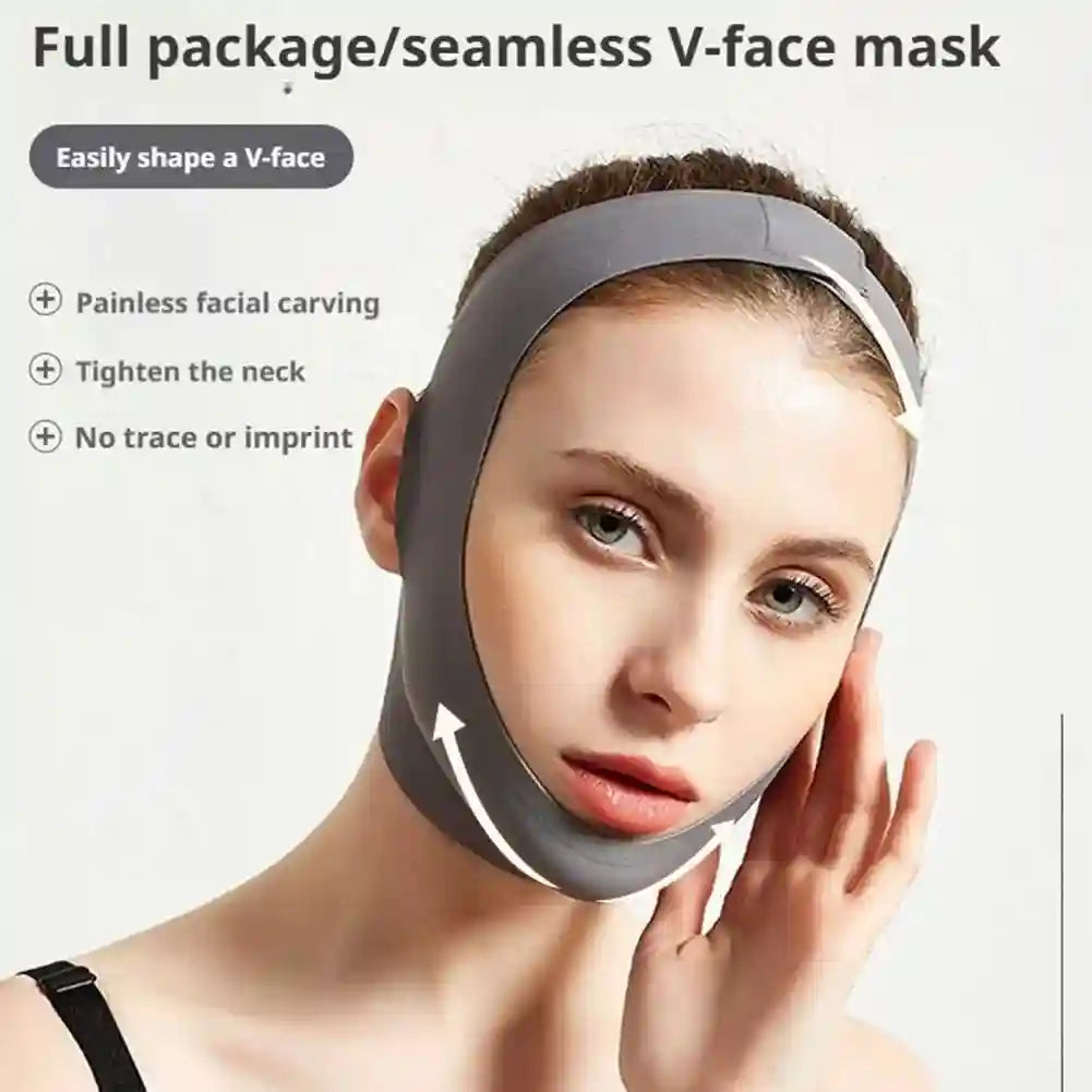A person wearing a grey, elastic V-line face-shaping bandage designed to lift and tighten the chin and jawline.