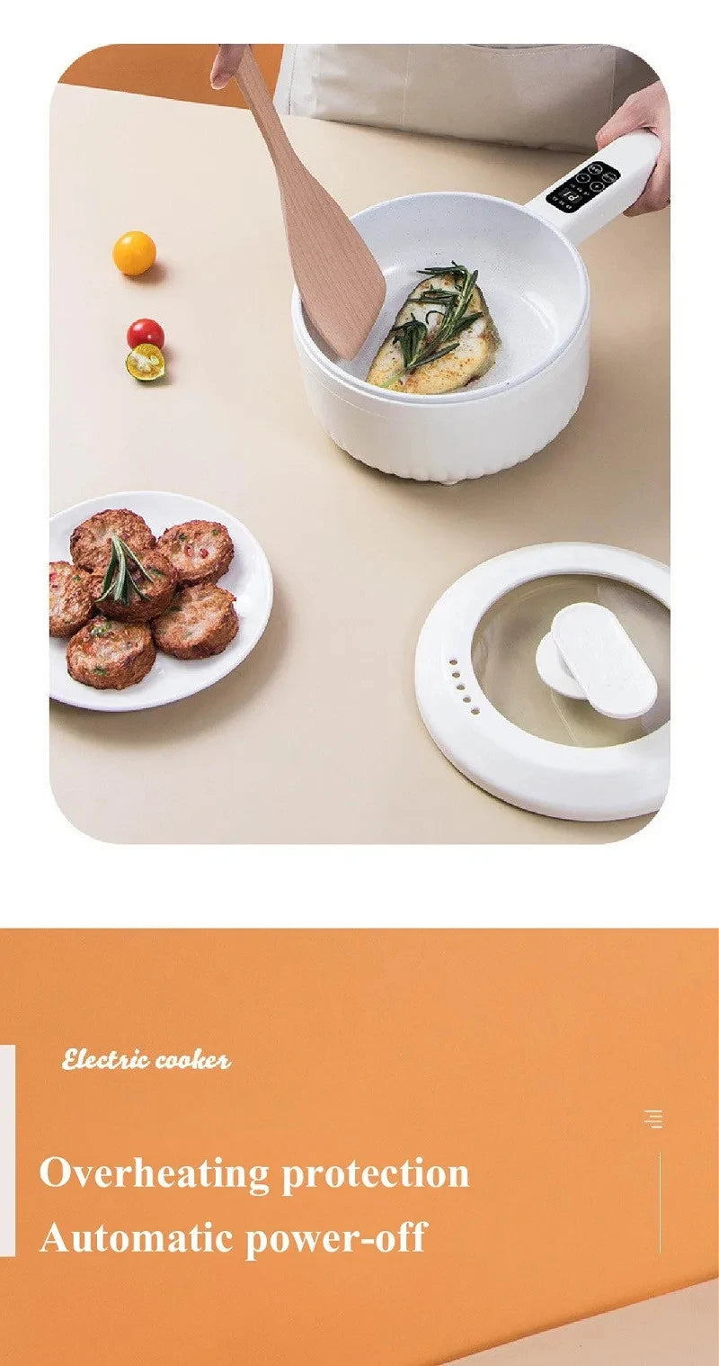 Electric cooking pot with white lid off, showing vegetables and steam-ready interior