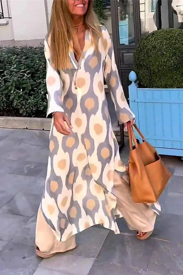 2024 Autumn Causal V NeckWomen Geometric  Maxi Dress  Long Sleeve Dresses Female Holiday Beach Boho Dress