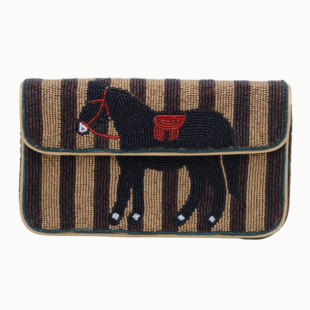 Beaded bohemian shoulder bag with a brown striped pattern and black horse motif in designer handbag style.