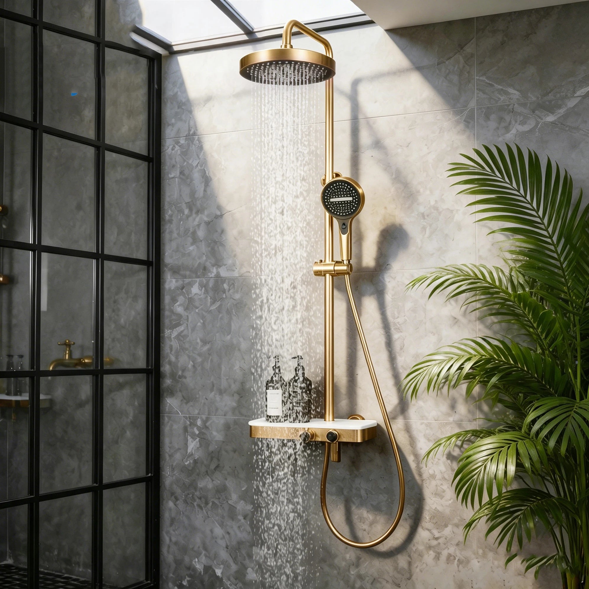 KEMAIDI Brushed Gold Shower System Set Wall Mounted Rain Shower Head with Handheld Shower Spray Brass Bathroom Shower Mixer
