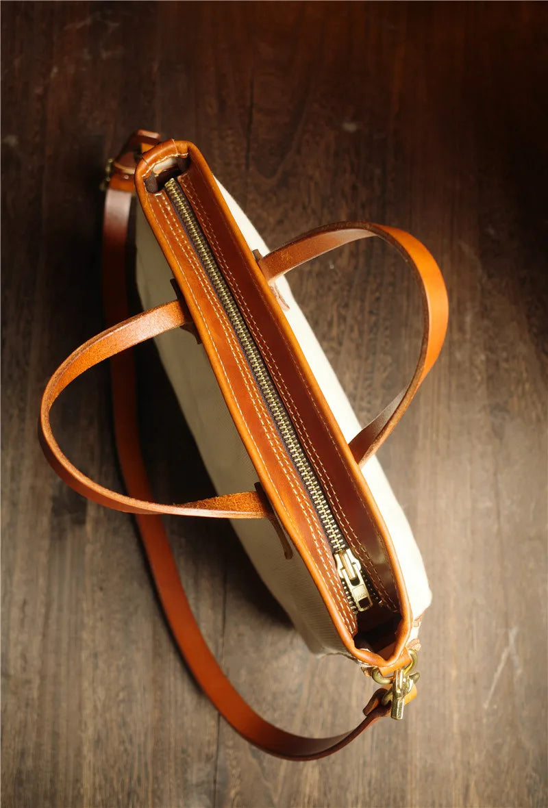 Simple designer handmade thick canvas cow leather men women's handbags outdoor daily work travel large-capacity messenger bag