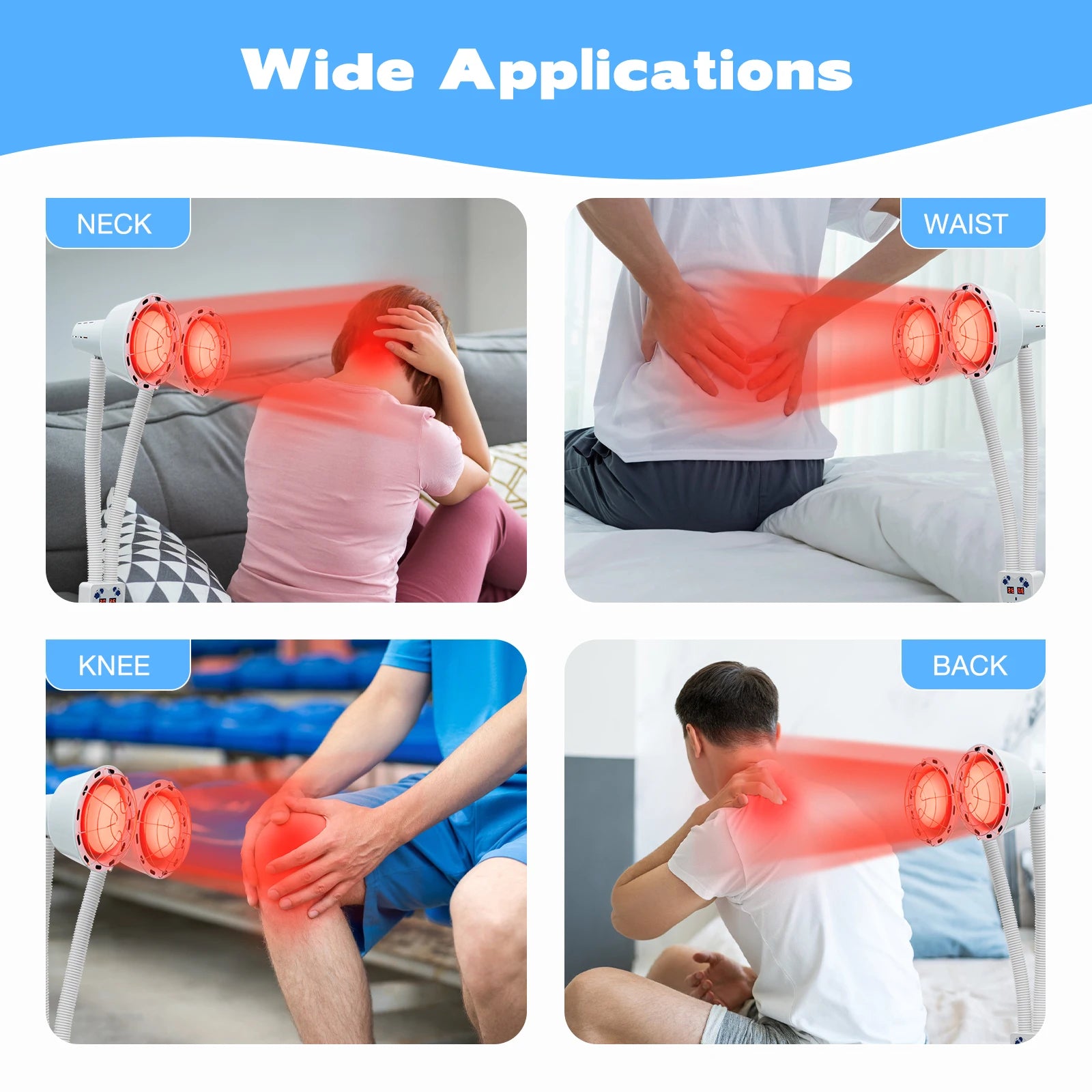 275W double-head infrared heat lamp for pain relief on neck, waist, knee, and back with adjustable temperature.