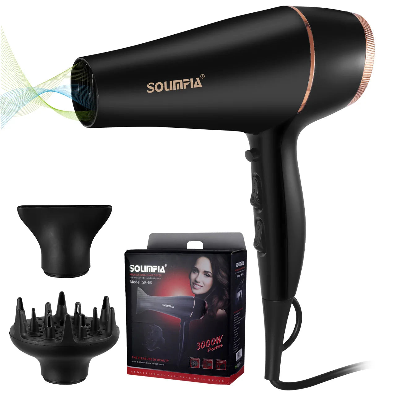 Black 3000W professional hair dryer with rose gold accents, includes nozzle and diffuser for salon-grade styling.