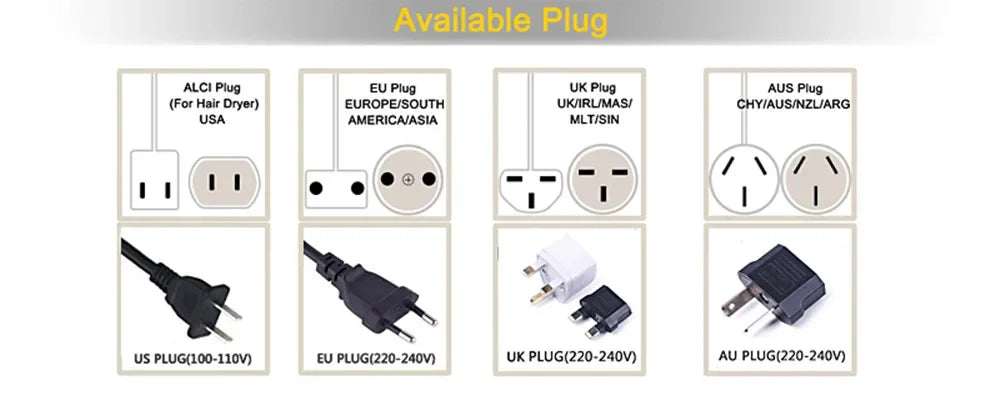 Multi-styler hair dryer power plug options: US, EU, UK, and AU adapters for global use with 2in1 styling tools.