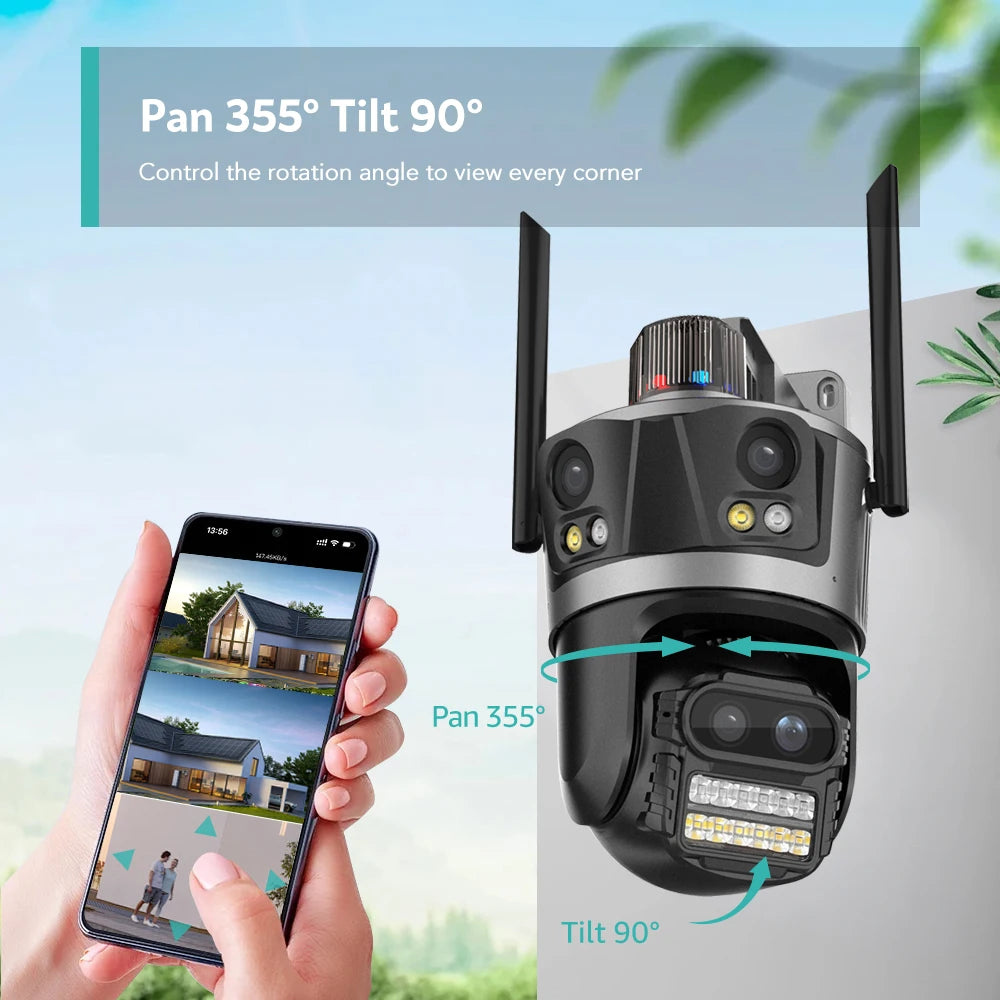 Wifi Camera Outdoor PTZ 4 Lens 4 Screen 8X Hybrid Zoom AI Auto Tracking Linkage Video Bluetooth Security Camera IP iCSee APP