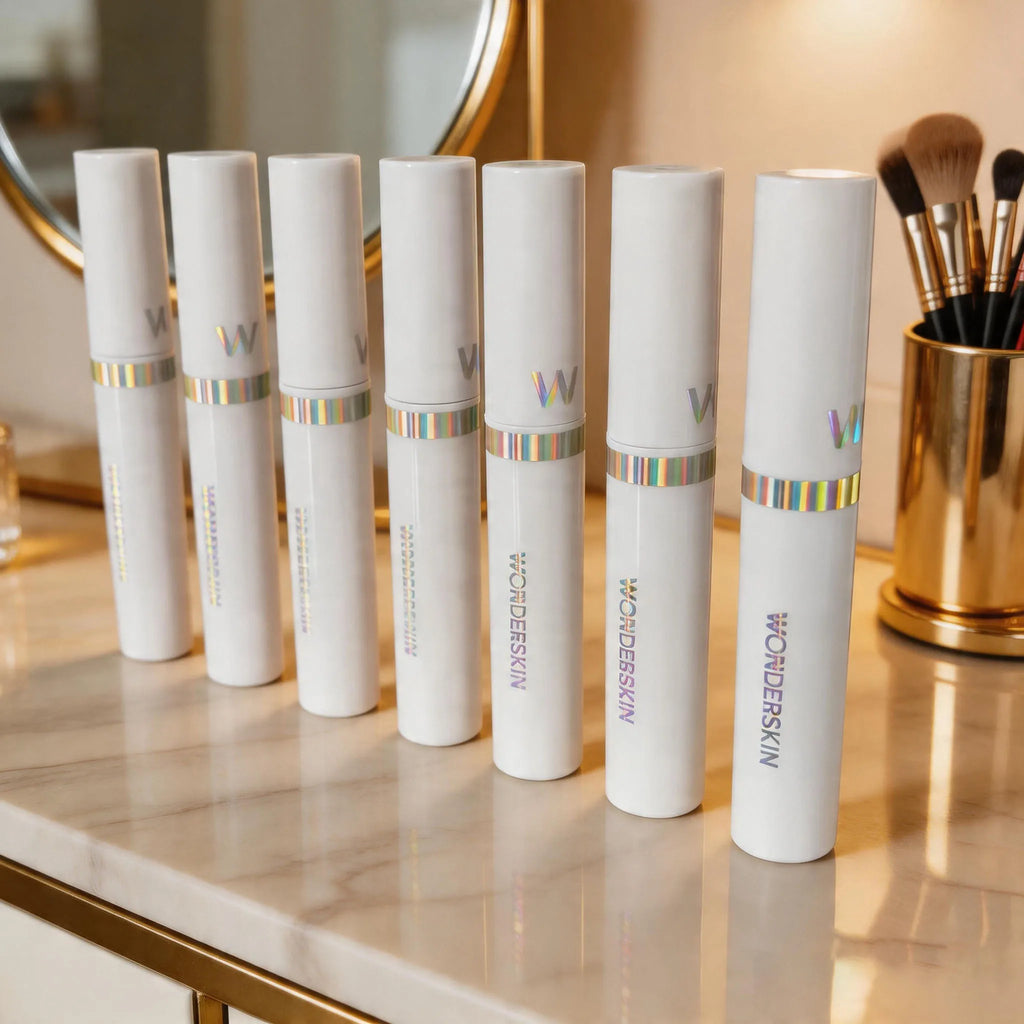 Wonderskin long-lasting peel-off lip tint tubes in sleek white packaging with holographic branding on a marble vanity.