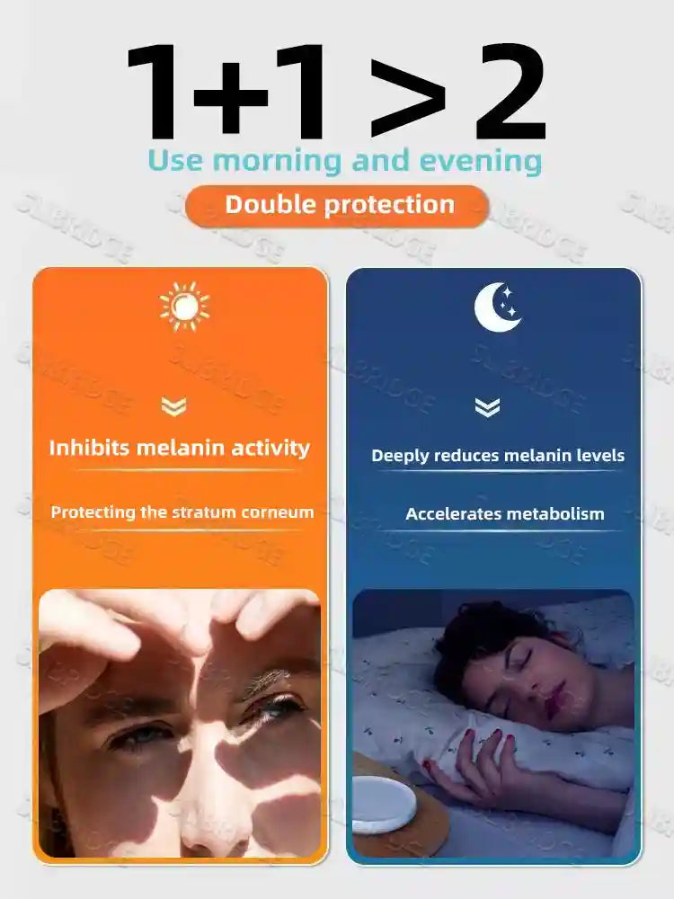 Alt text: Infographic comparing morning (orange) and evening (blue) skin care routines for reducing melanin spots.