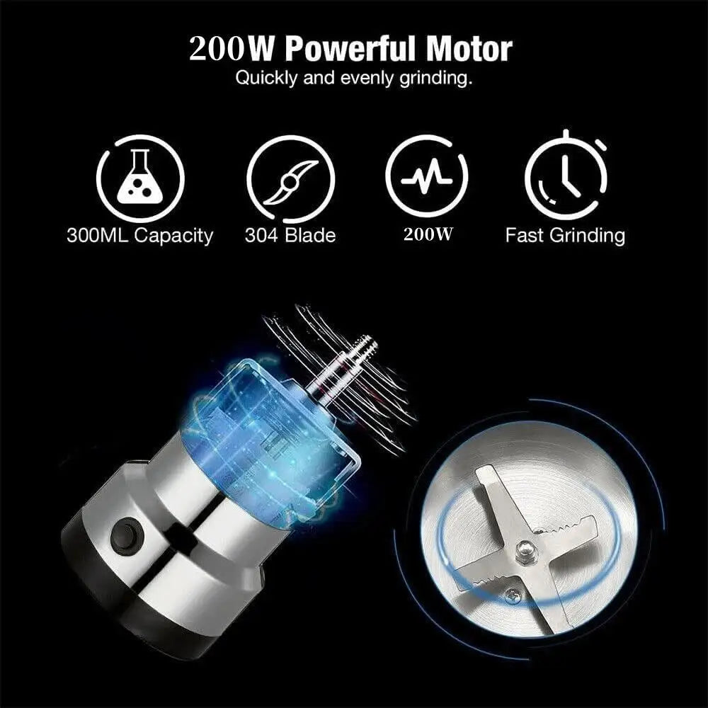 200W electric coffee grinder with 300ml capacity and stainless steel 304 blades for fast, even grinding.