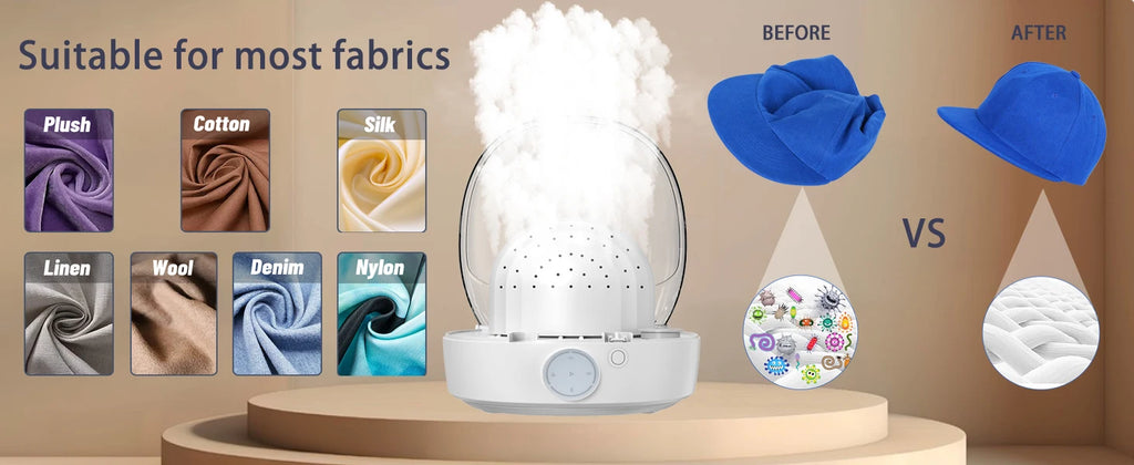 Tidesmit automatic cap cleaner featuring steam cleaning, drying, and ironing functions for baseball and bucket hats.