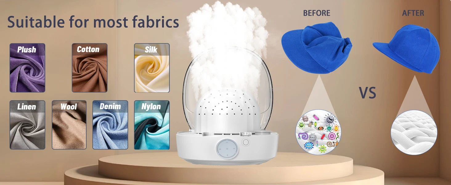 Tidesmit automatic cap care machine showing steam and hot-cold wind drying features for restoring hat shapes