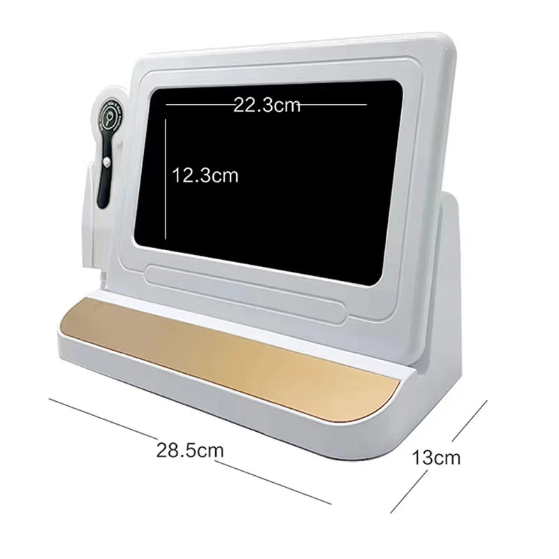 White 10-inch HD scalp and hair analyzer machine with digital microscope probe and gold base for professional salon use.