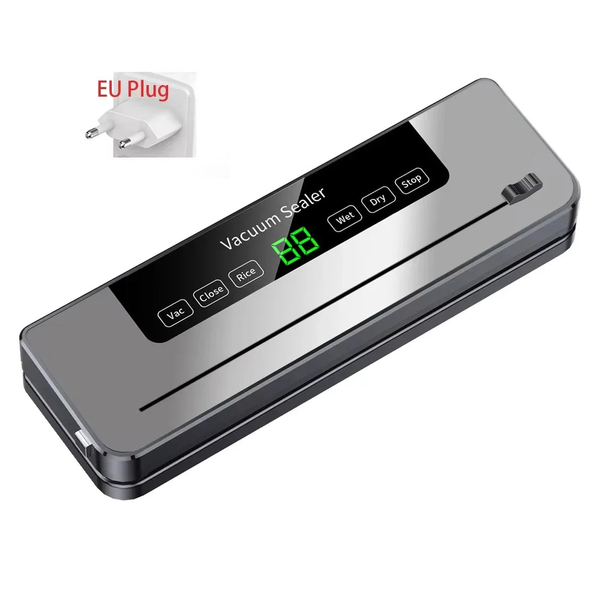 Electric vacuum sealer with EU plug, touch buttons and green digital display, gray body