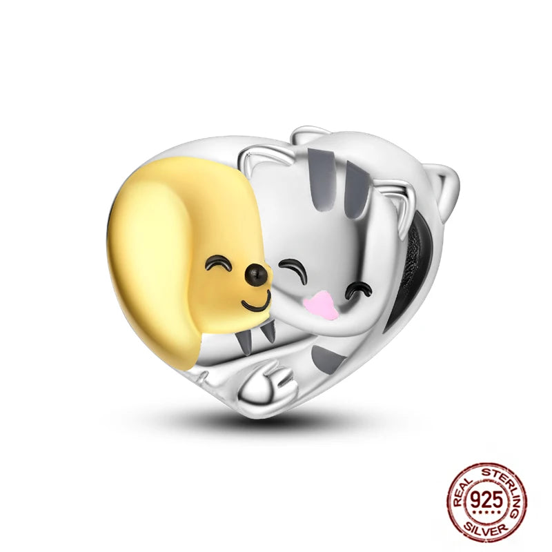 925 sterling silver heart charm featuring a cute dog and cat hugging, perfect for DIY charm bracelets and pet lovers.