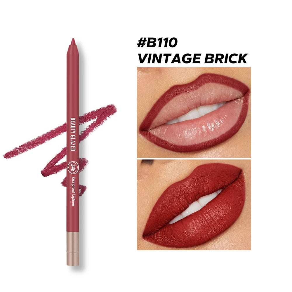 Vintage Brick waterproof matte lip liner pencil in deep red, shown as lip contour and full matte lip application.