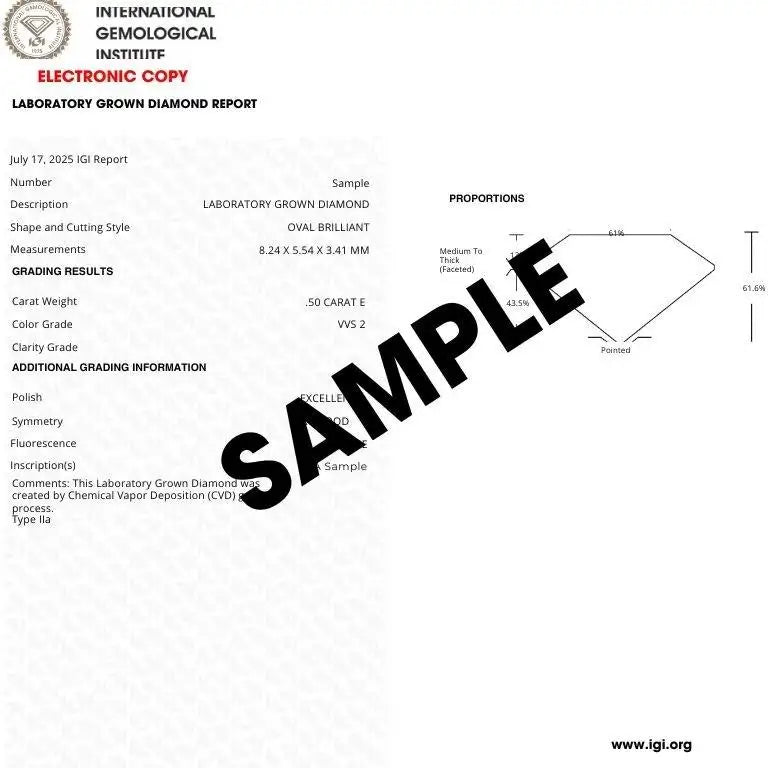 Laboratory diamond grading report electronic copy with “SAMPLE” watermark