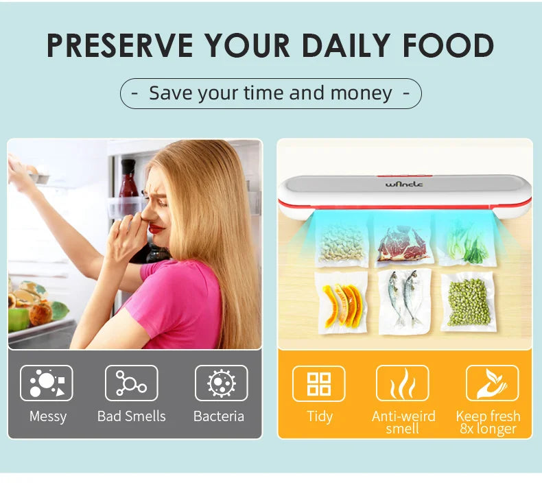 Wancle Food Vacuum Sealer 220V Electric Household Vacuum Packing Machine For Food Storage Manual Function With 10 Pcs Bags
