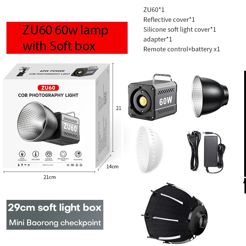 LED Video Light 60W-80W Bi-Color COB Studio Lamp for Content Creation ZU60 with Soft box Tidesmit