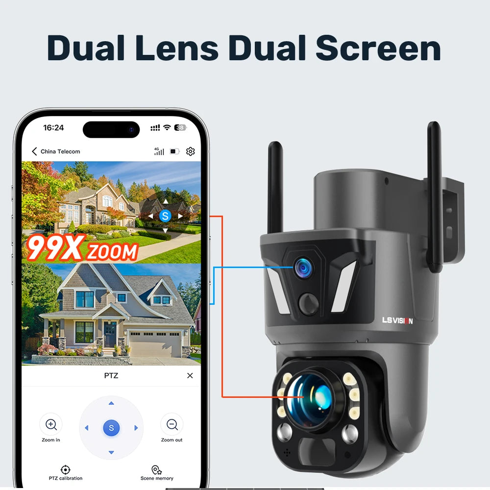 LS VISION 99X Zoom WiFi Solar Camera 4G SIM 8MP Dual Screen PTZ Outdoor Surveillance Camera PIR Ai Detection Auto Zoom Tracking