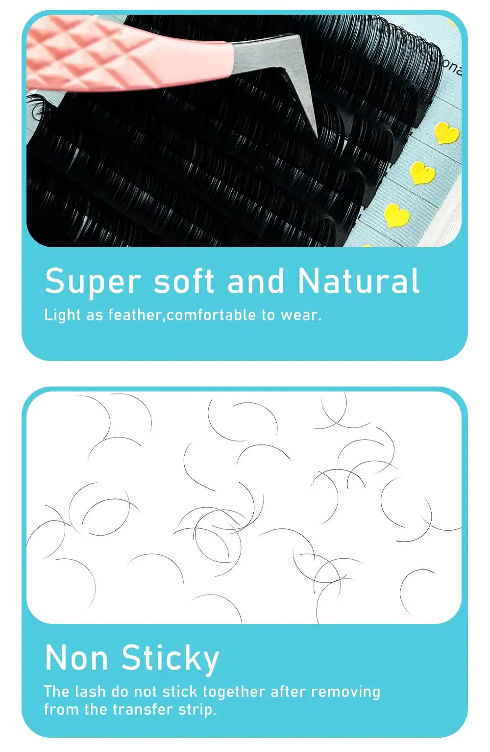 Ultra-matte black individual cashmere lash extensions on a tray with yellow heart stickers, applied by pink tweezers.