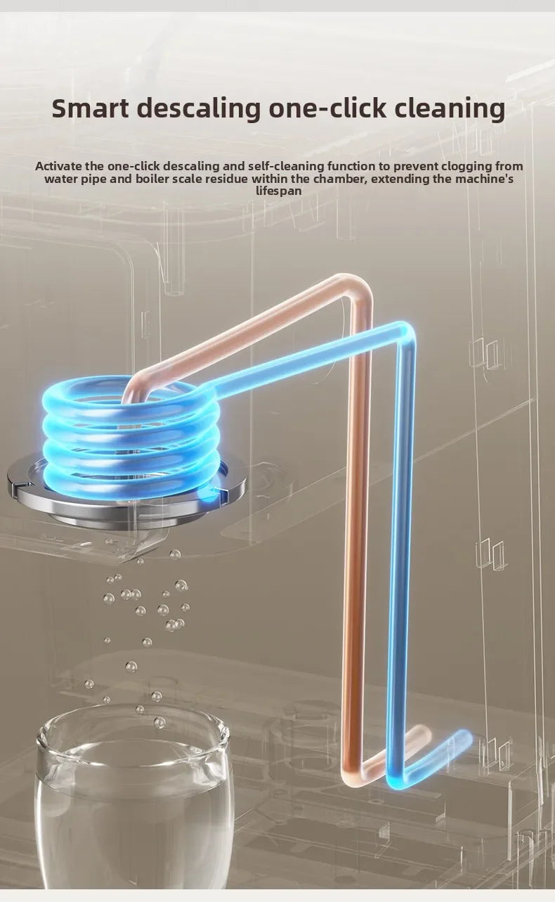 Coffee maker internal diagram showing smart one-click descaling and self-cleaning water pipe system.