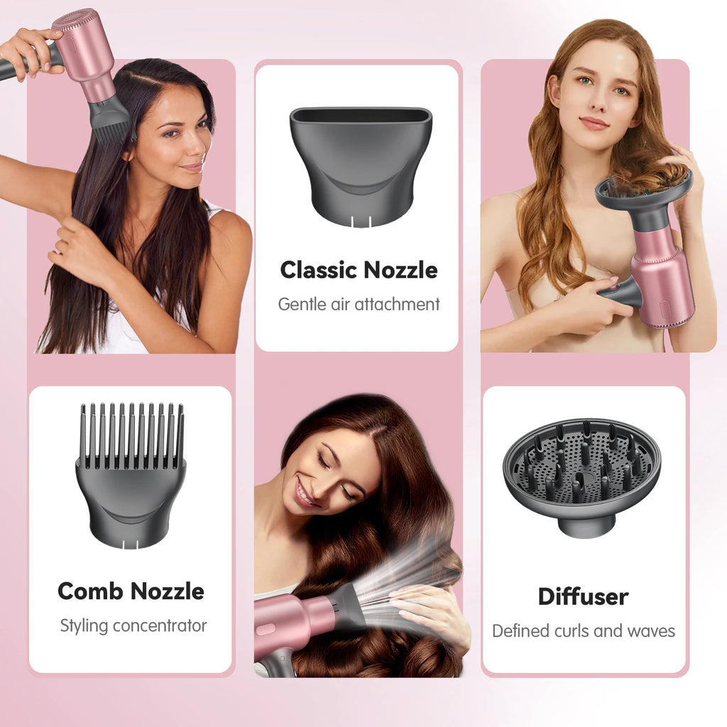 1600W ionic hair dryer in rose gold with diffuser, comb, and classic nozzle for professional fast-drying hair styling.