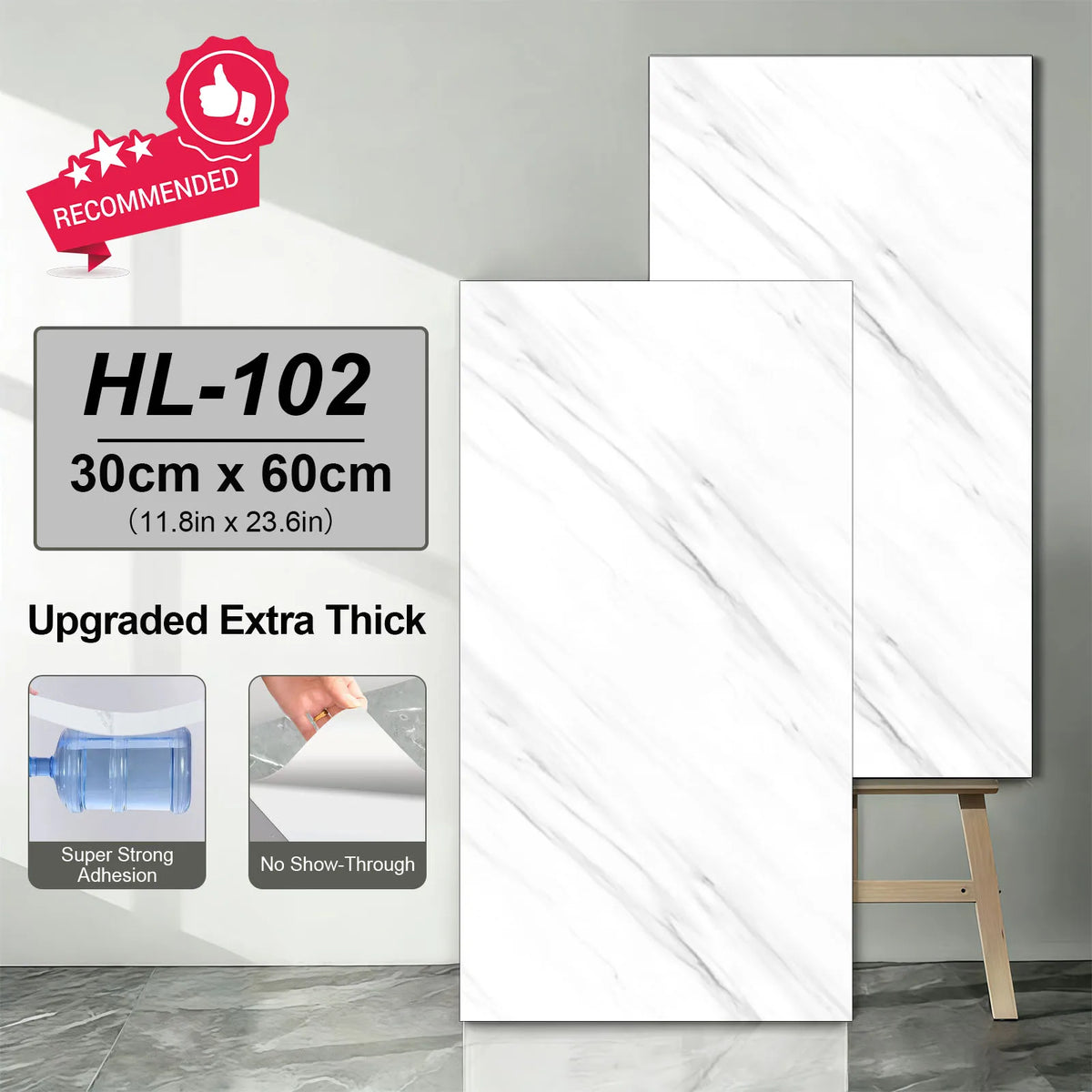 Self-adhesive marble tile sticker, bright white with subtle gray marble lines, 30x60cm