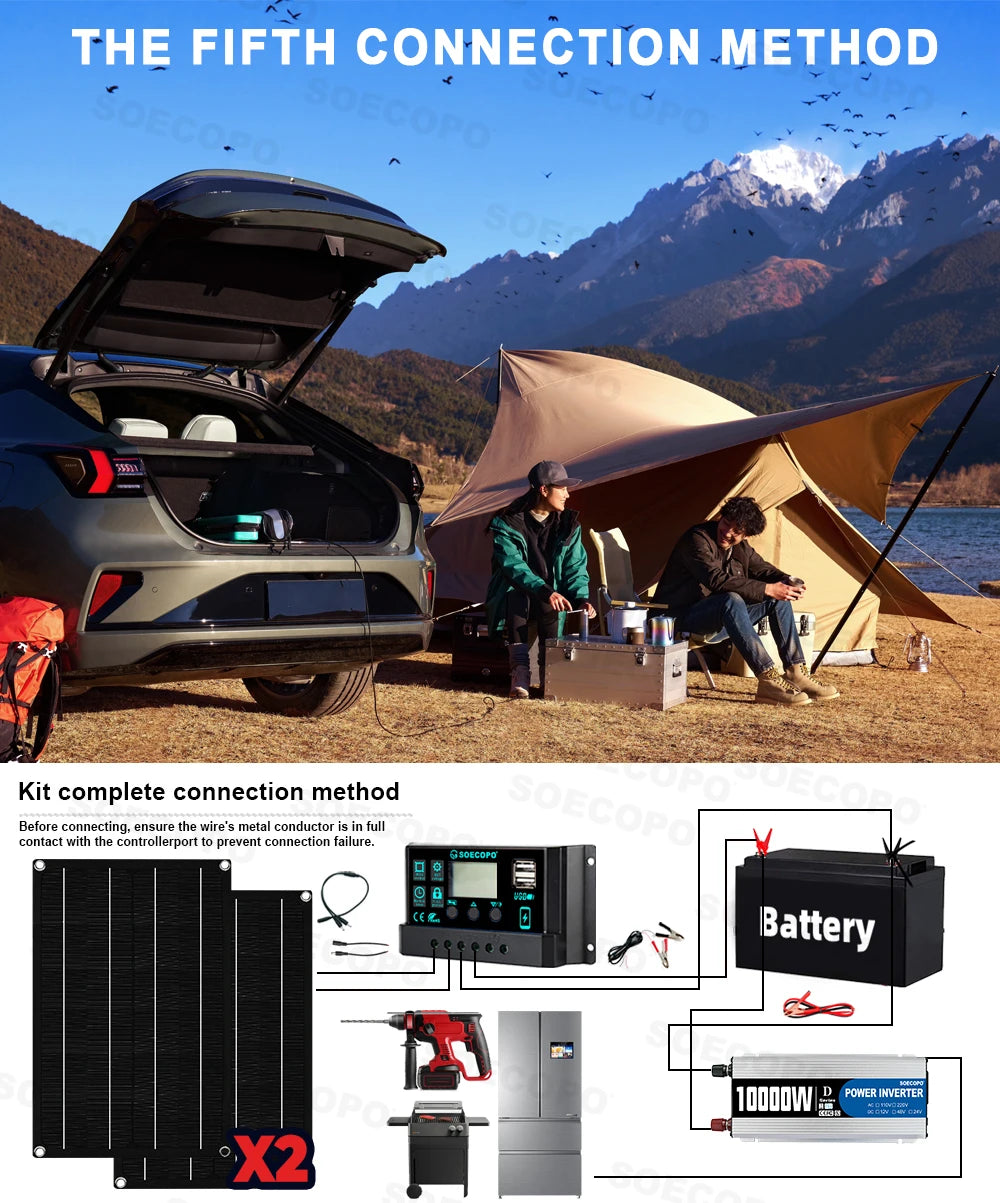 SOECOPO 10000W Solar Power Full Kit DC 12V - AC 110V 220V Inverter 100A Controller 2*600W Panels for Home System Camping