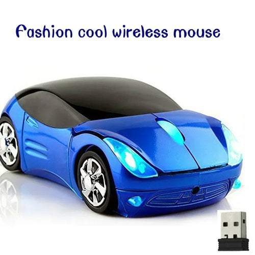 Blue sports car-shaped wireless mouse with black roof, light-up headlights, scroll wheel, and USB receiver.