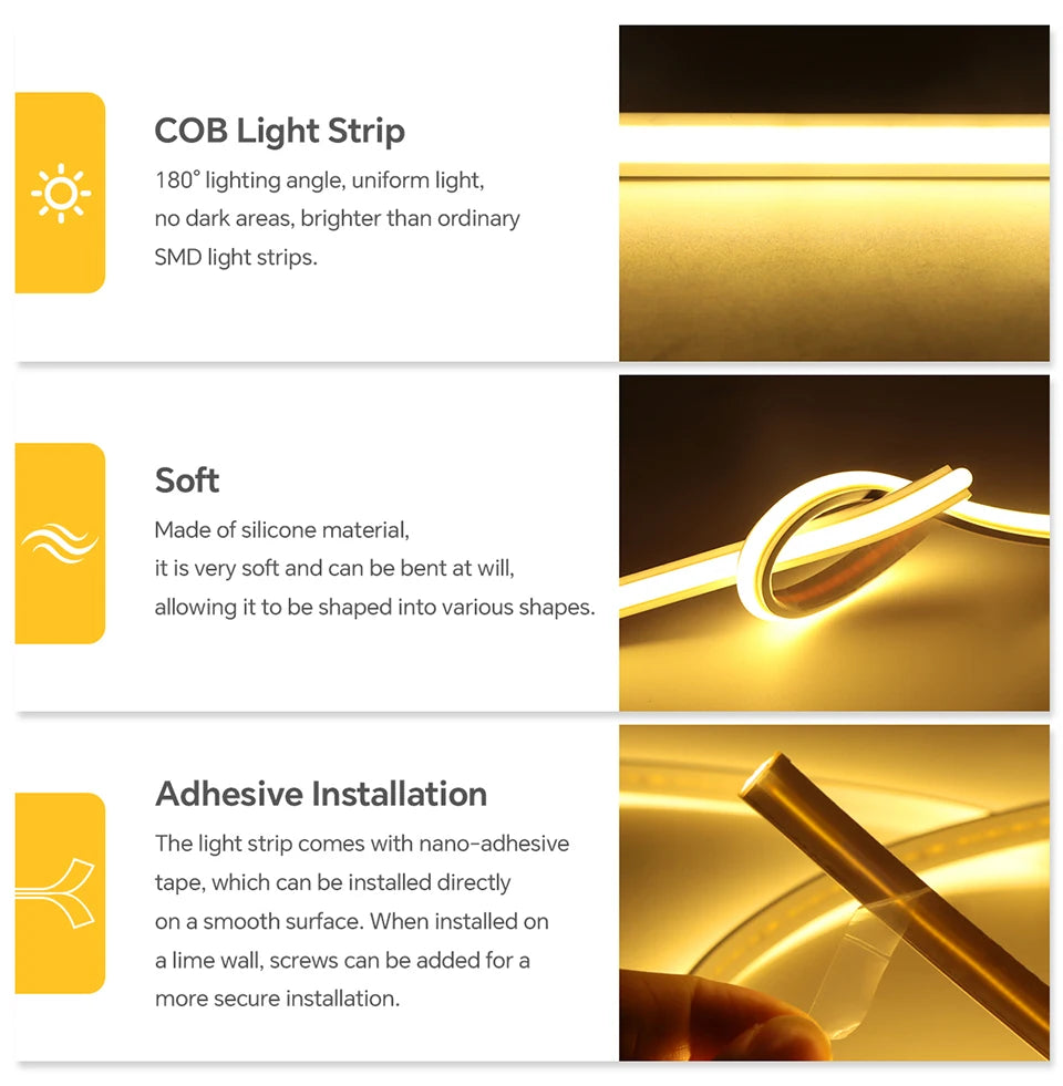 Super Bright 220V COB LED Strip with Switch FOB Tape Ribbon EU Plug 2M 5M 30M 25M 20M 15M 10M LED Lights For Kitchen Room Decor