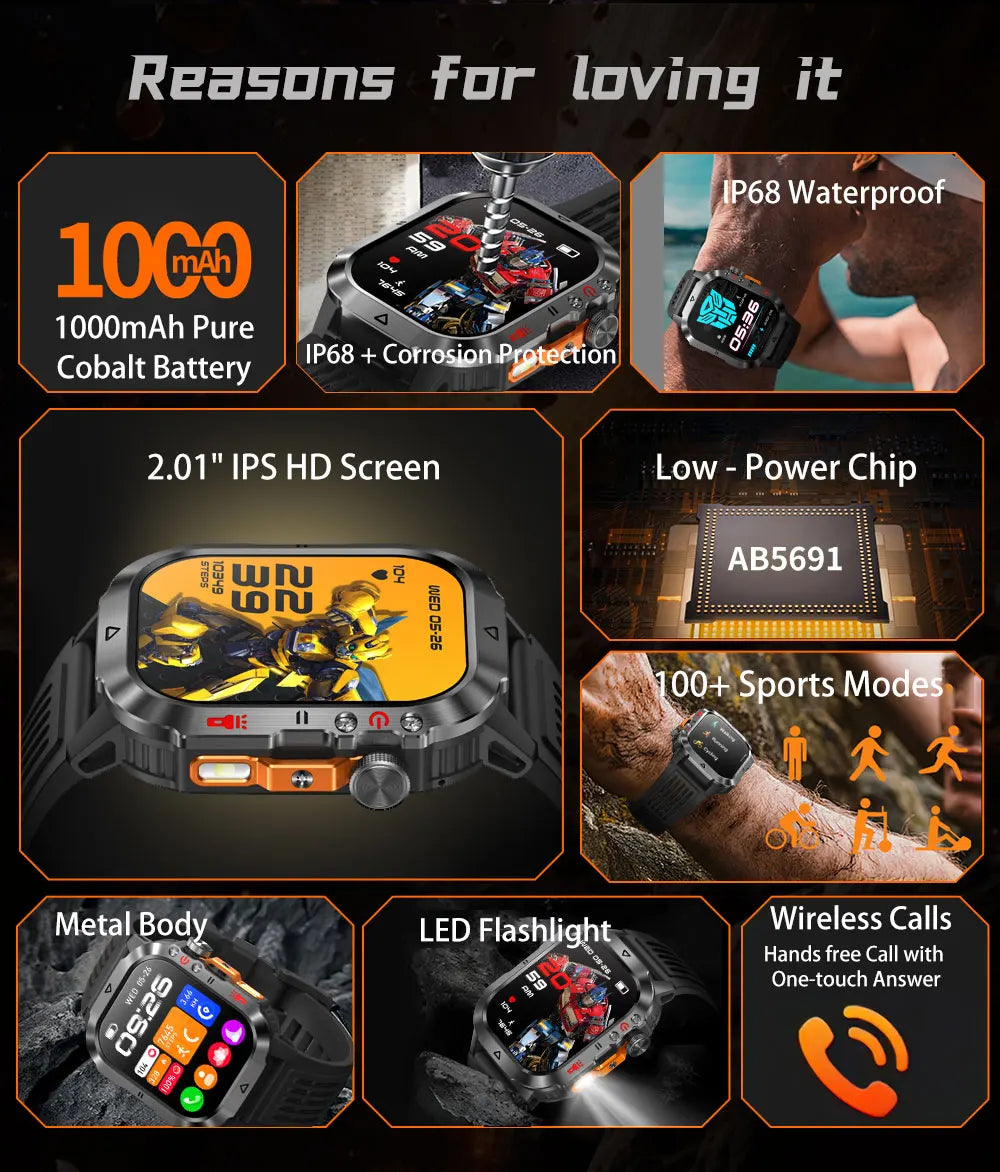 New 1000 MAh Battery Military Smartwatch 2.01" AMOLED Screen 5ATM Waterproof Fitness Tracker Sports Smart Watch For Android iOS
