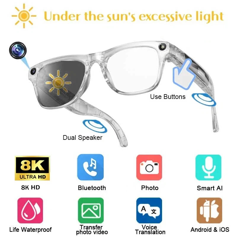 AI Smart Glasses with 8K Camera and Spatial Audio - Tidesmit White Tidesmit