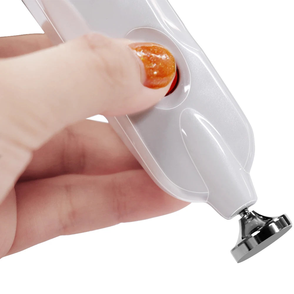 White handheld plasma pen for skin tag, mole, and dark spot removal with metal tip and red power button.