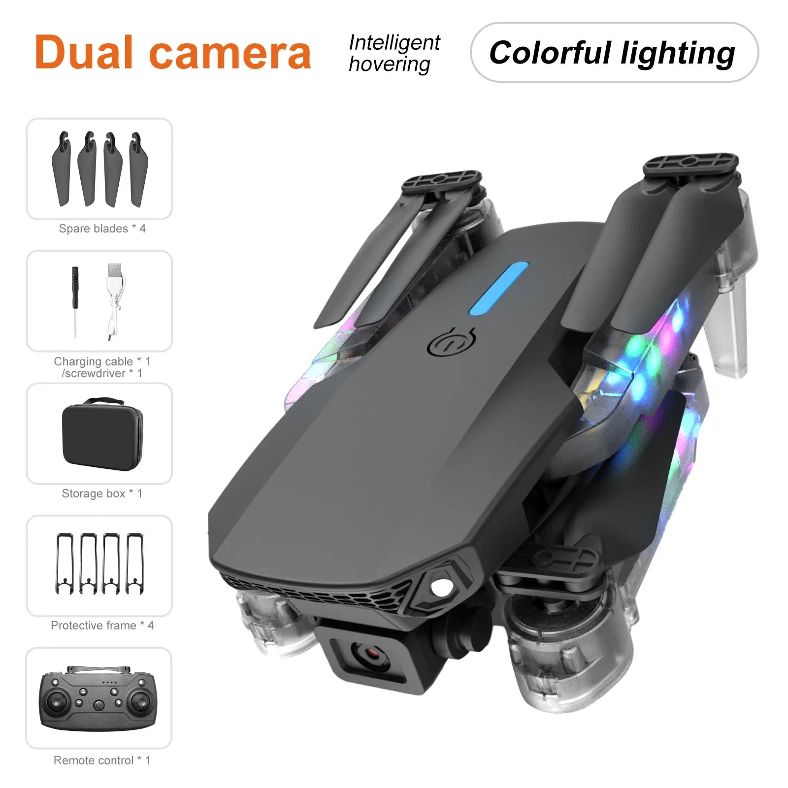 Foldable black quadcopter drone with dual cameras, colorful LED lights, remote control, and accessories.