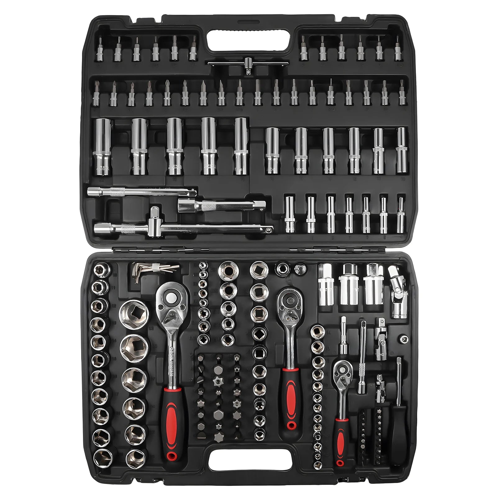 Podofo 172pcs Reversible Ratchet 24 tooth Ratchet Socket Wrench Set Car Repair Tool Ratchet Torque Wrench Combo Kit 1/2'' 3/8'' 1/4'' Sockets Bits Dual-Material Handle