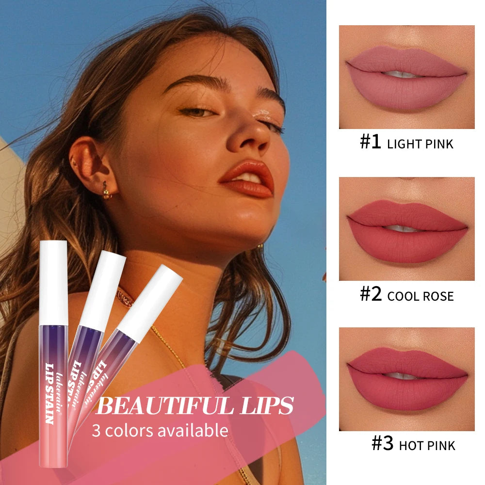 Waterproof peel-off lip stain tubes with long-lasting matte pink, rose, and hot pink swatches. Transfer-proof formula.
