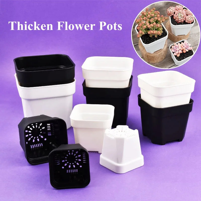 Multi-pack square flower pots in black and white, with drainage insert and vent holes