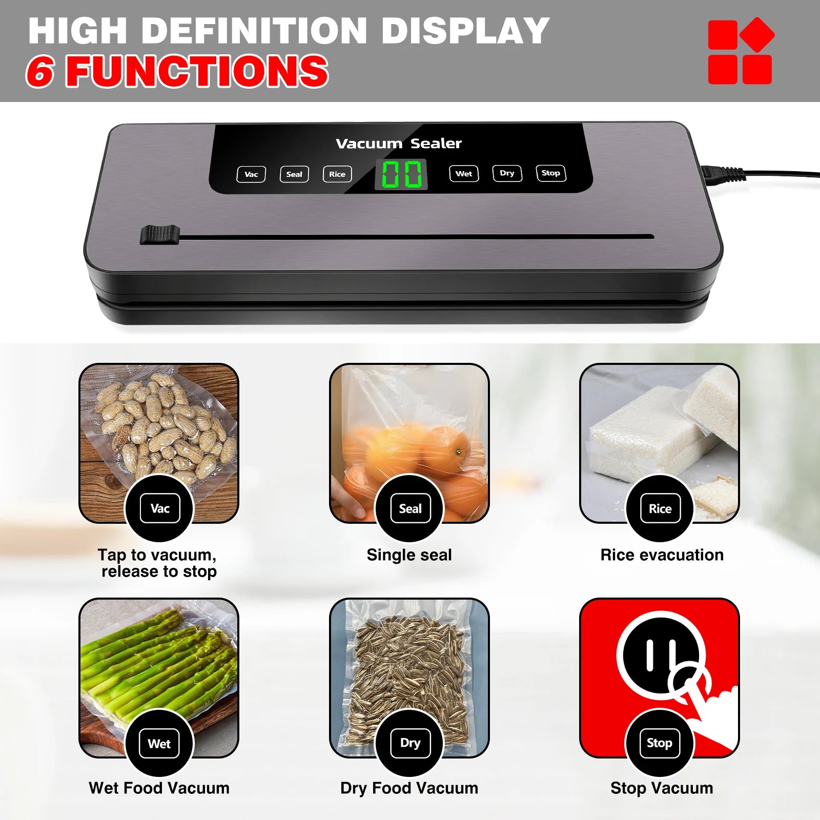 Tidesmit DayPlus vacuum sealer machine showing side profile and included 10 food preservation bags for wet dry food