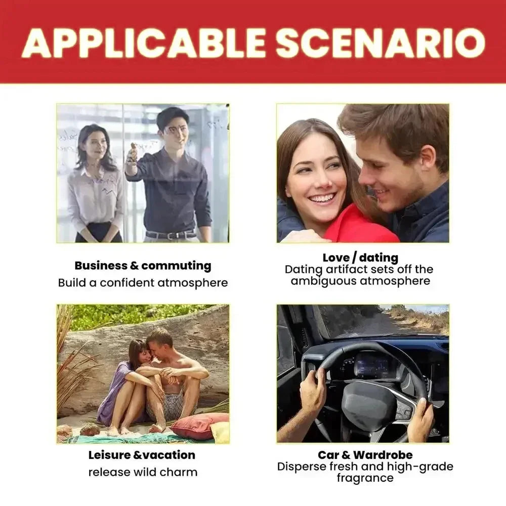Strong Pheromone Cologne for men and women. Long-lasting sexy fragrance for dating and business. Use scenarios collage.