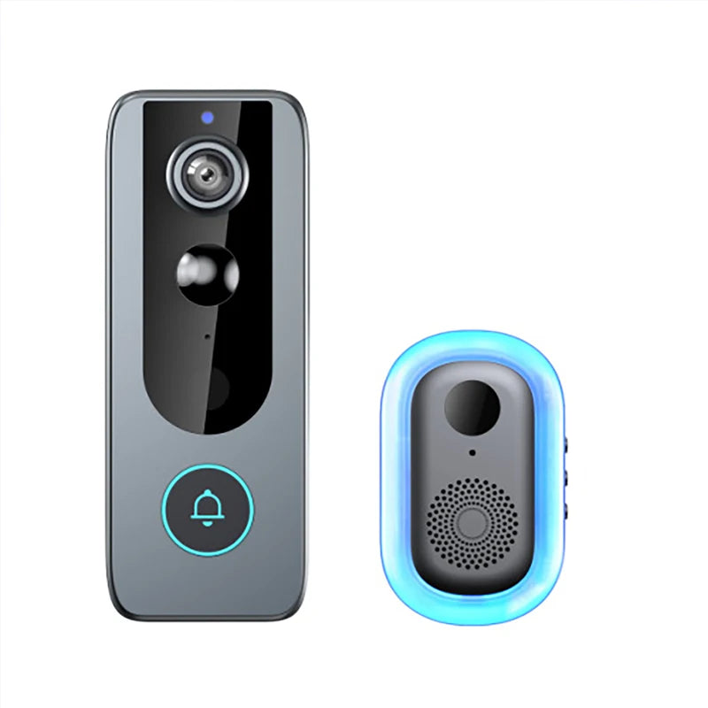 Black wireless video doorbell with camera and blue LED indoor chime