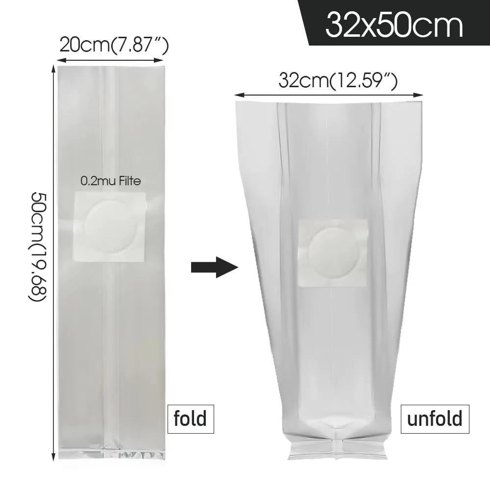 Clear mushroom grow bag for adaptogen powder or extract cultivation with 0.2-micron filter patch.