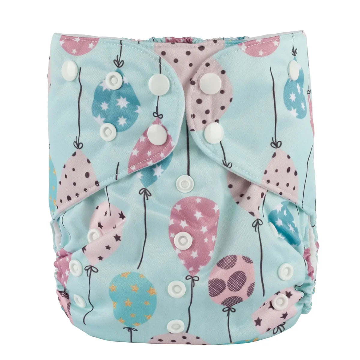Adjustable cloth baby diaper with blue and pink balloon print pattern and white snap buttons.